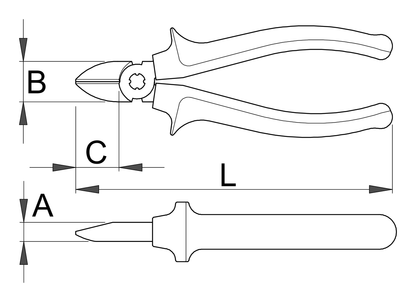 Unior 461/1VDEBI diagonal cutting nippers dimension drawing with L, B, A, and C callouts; 140 mm size is L 140, B 19, A 9.5, C 18 mm