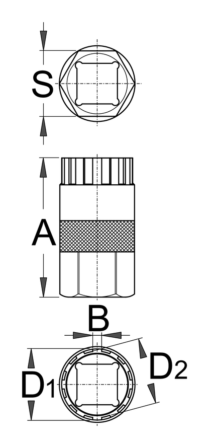 Unior 1670.5/4 cassette lockring tool dimension drawing: 45.4 mm long, 21 mm hex flats, 1/2 inch square drive, 12-spline pocket