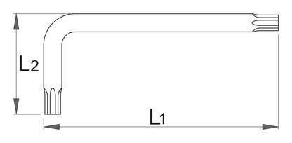 Dimension drawing of Unior 220/7TXN Torx L-wrench, the component wrench of set 220/7TXNPH: long arm L1, short arm L2, TX profile tips at both ends