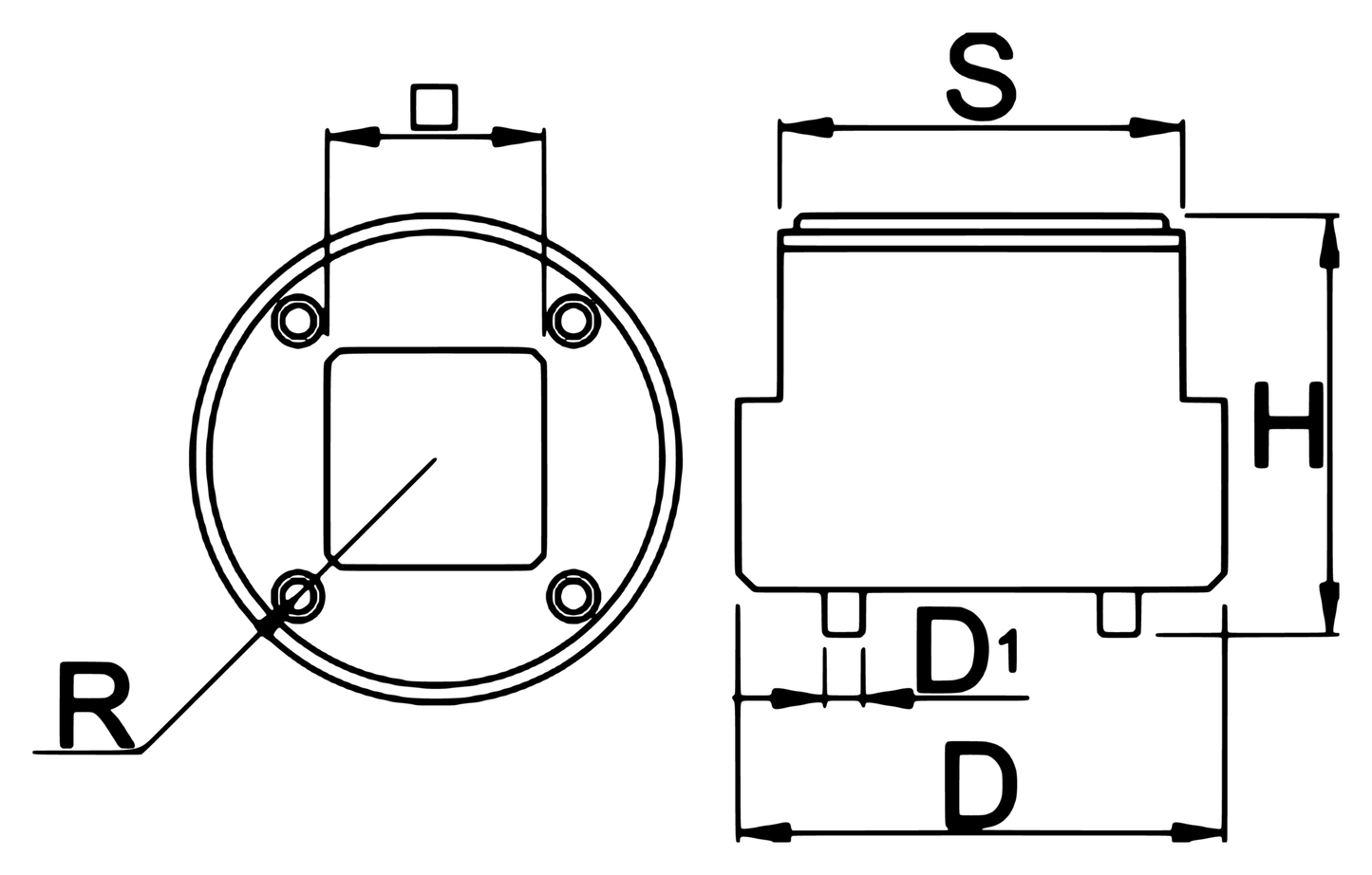 Unior 1609.2DUB/5 dimension drawing, end and side views with D, D1, H, S, and R callouts