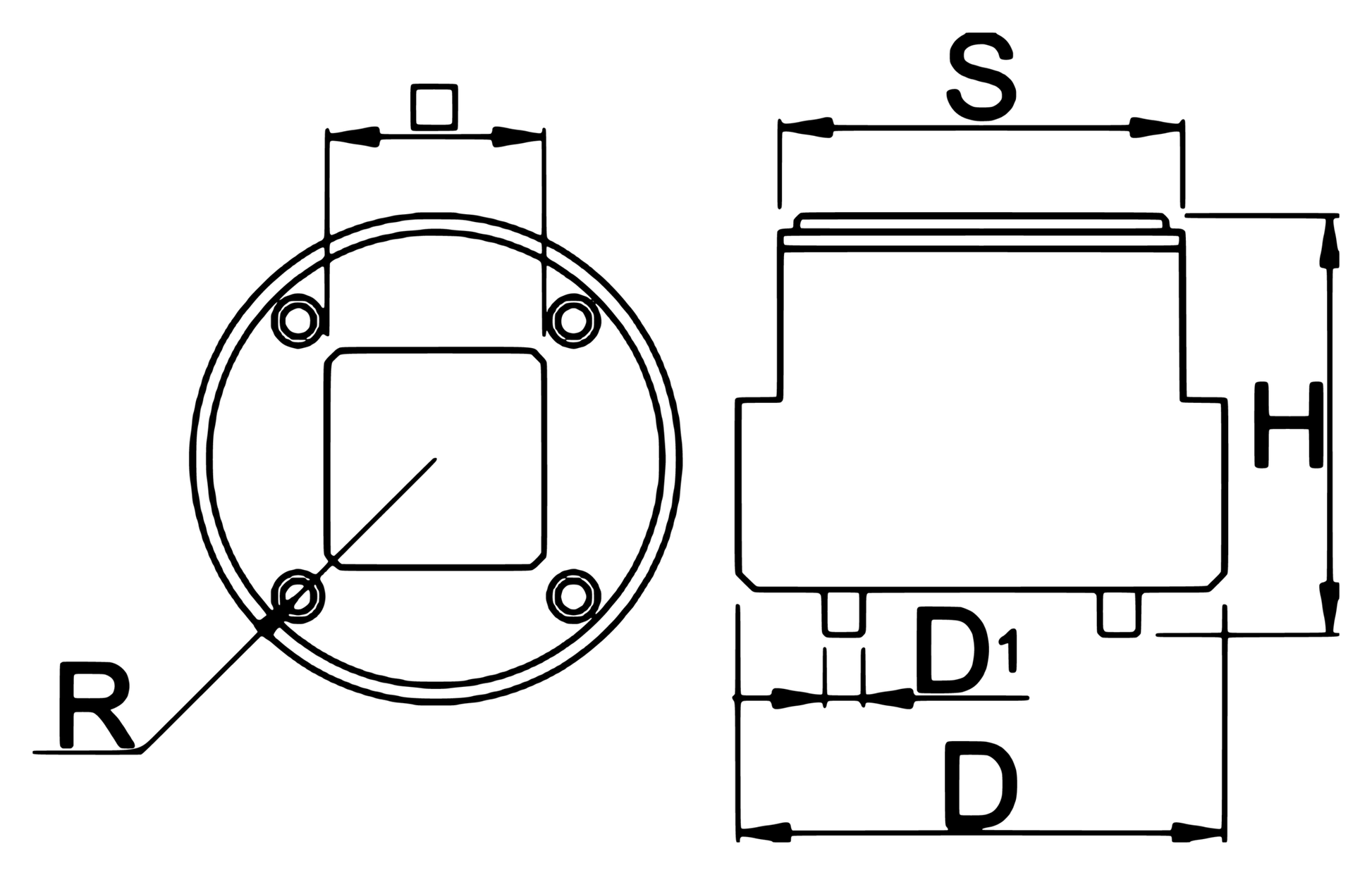 Unior 1609.2DUB/5 dimension drawing, end and side views with D, D1, H, S, and R callouts