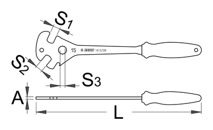 Unior 1613/2BI Pro Pedal Wrench dimension drawing with S1 S2 S3 15 mm openings, thickness A, and length L callouts