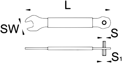 Unior 1620/2P-US 3-in-1 pedal wrench dimension drawing: L overall length, SW 15 mm open end, S 8 mm hex, S1 6 mm hex