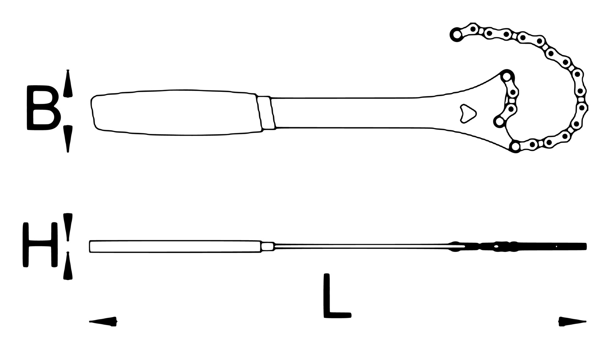 Dimension drawing of Unior Multispeed Chainwhip 1660/2DP-US with L, H, and B callouts (length, thickness, width)