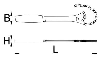 Dimension drawing of Unior Multispeed Chainwhip 1660/2DP-US with L, H, and B callouts (length, thickness, width)