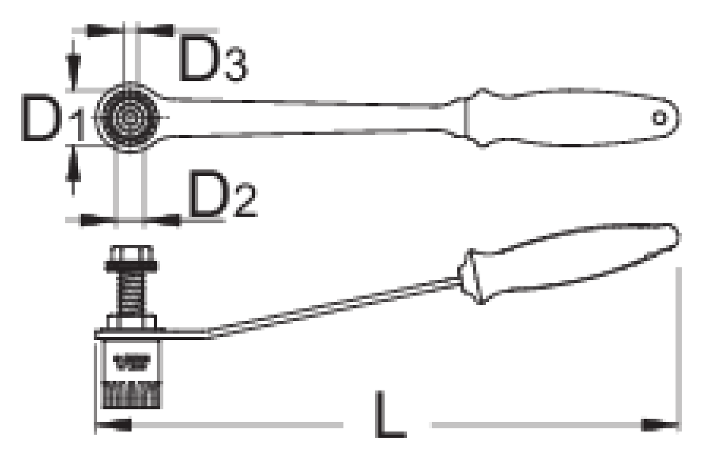 Unior 1671.8/2BI-US cartridge bottom bracket wrench dimension drawing, top and side views with D1 D2 D3 and L callouts
