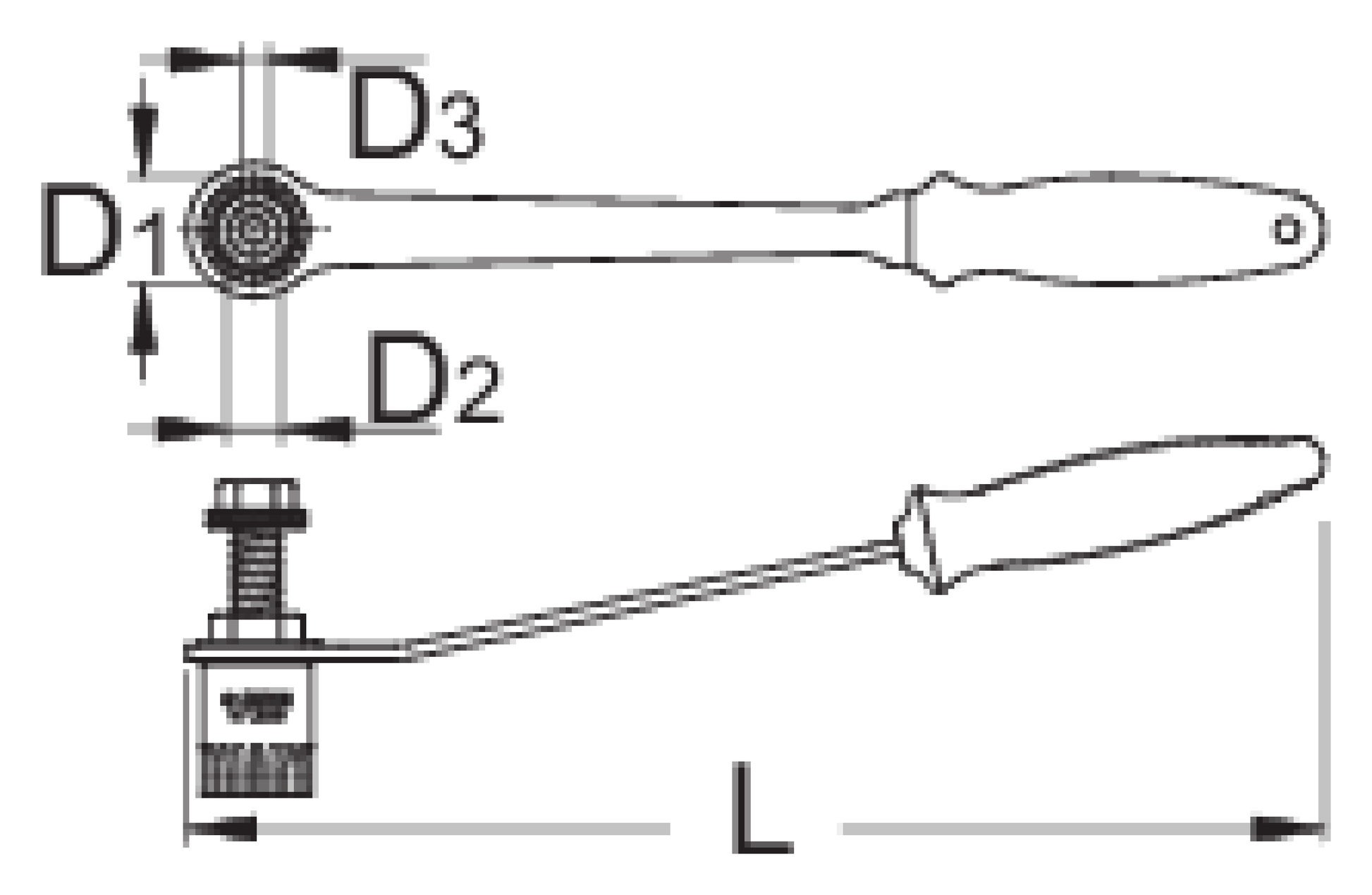 Unior 1671.8/2BI-US cartridge bottom bracket wrench dimension drawing, top and side views with D1 D2 D3 and L callouts
