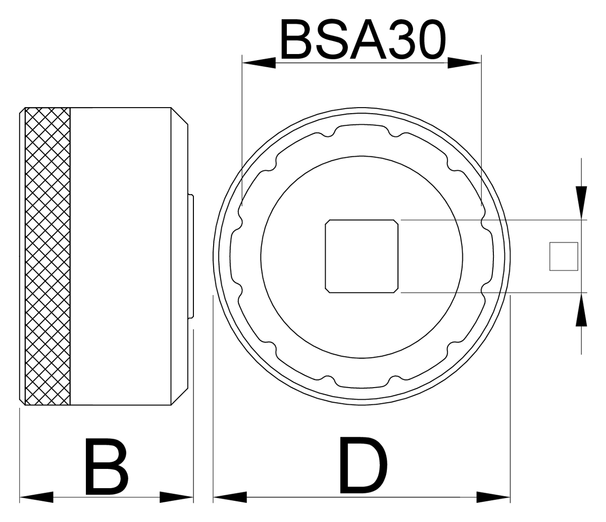 Unior 1671.BSA30 BSA30 bottom bracket socket dimension drawing, 12-notch face with D socket diameter and BSA30 notch span, side view with B width