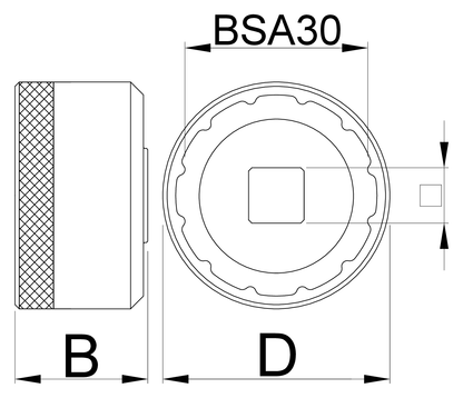 Unior 1671.BSA30 BSA30 bottom bracket socket dimension drawing, 12-notch face with D socket diameter and BSA30 notch span, side view with B width