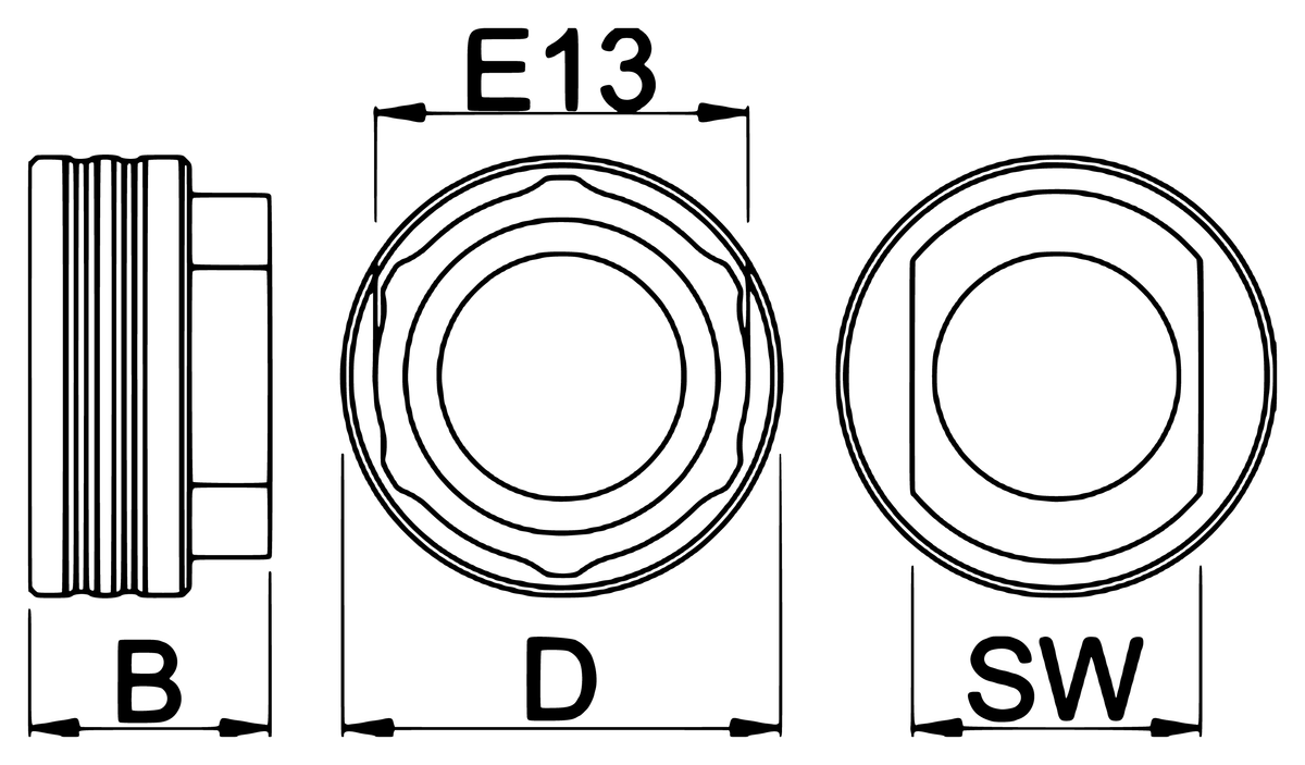 Unior 1671.E13 bottom bracket socket dimension drawing: side view with B width callout, six-notch E13 face with D socket diameter, hex back with SW flats