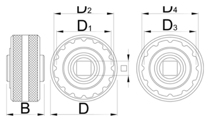 Unior 1671.T47 dimension drawing with callouts B, D, D1, D2, D3 and D4 for the 16-notch and 12-notch faces