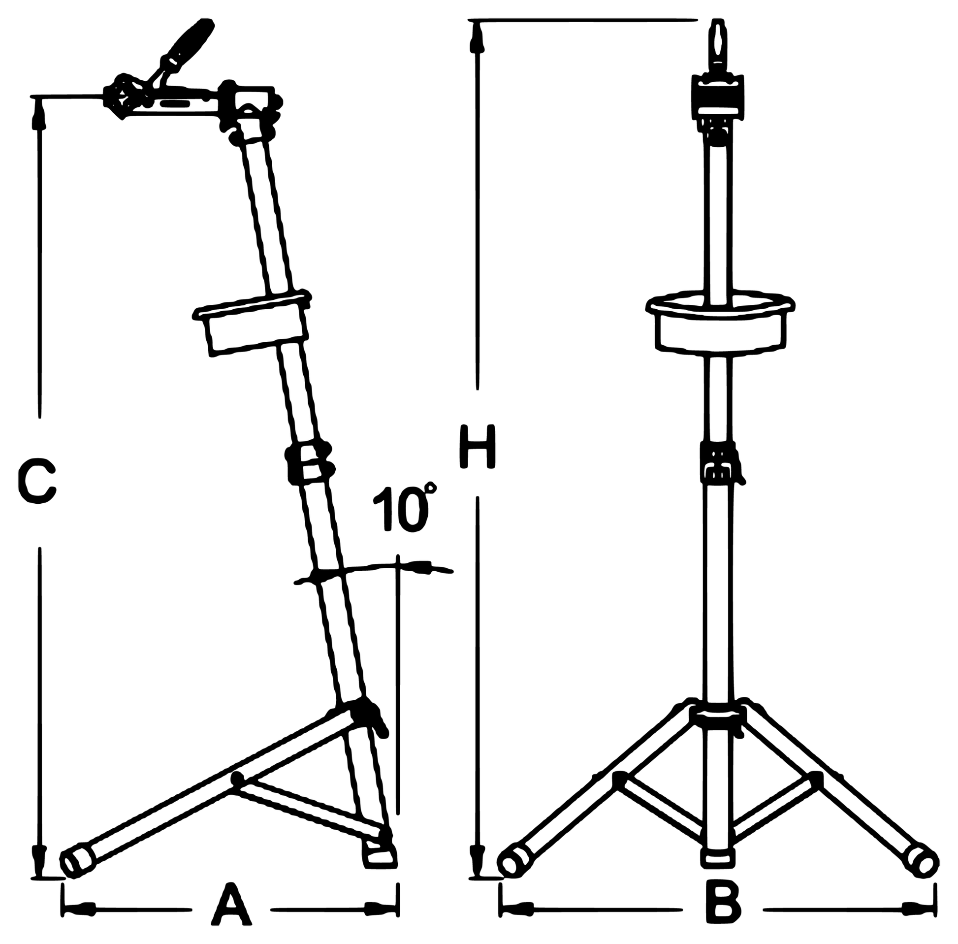Unior BikeGator+ 1693AS-US dimension drawing: side and front views with A B C H callouts and 10-degree column tilt
