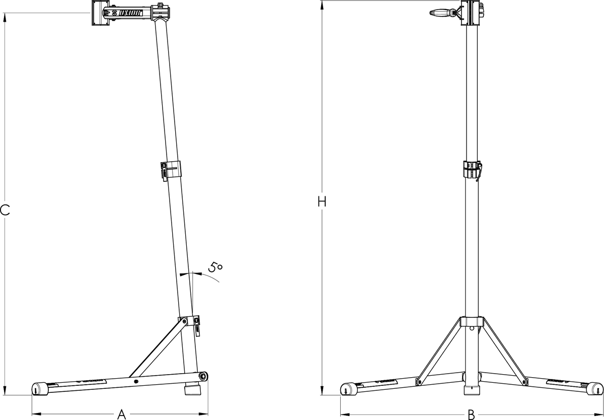 Unior BikeGator 1693AS0-US dimension drawing, side and front views with A, B, C and H callouts and the 5° column angle