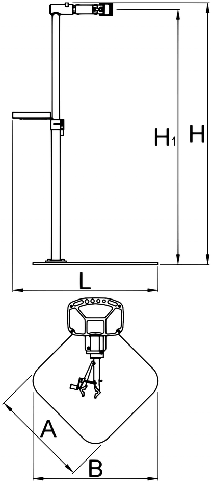 Unior 1693BQ single-arm repair stand dimension drawing: column height H1 985-1570 mm, overall height H 1700 mm, base plate A 572 x B 726 mm