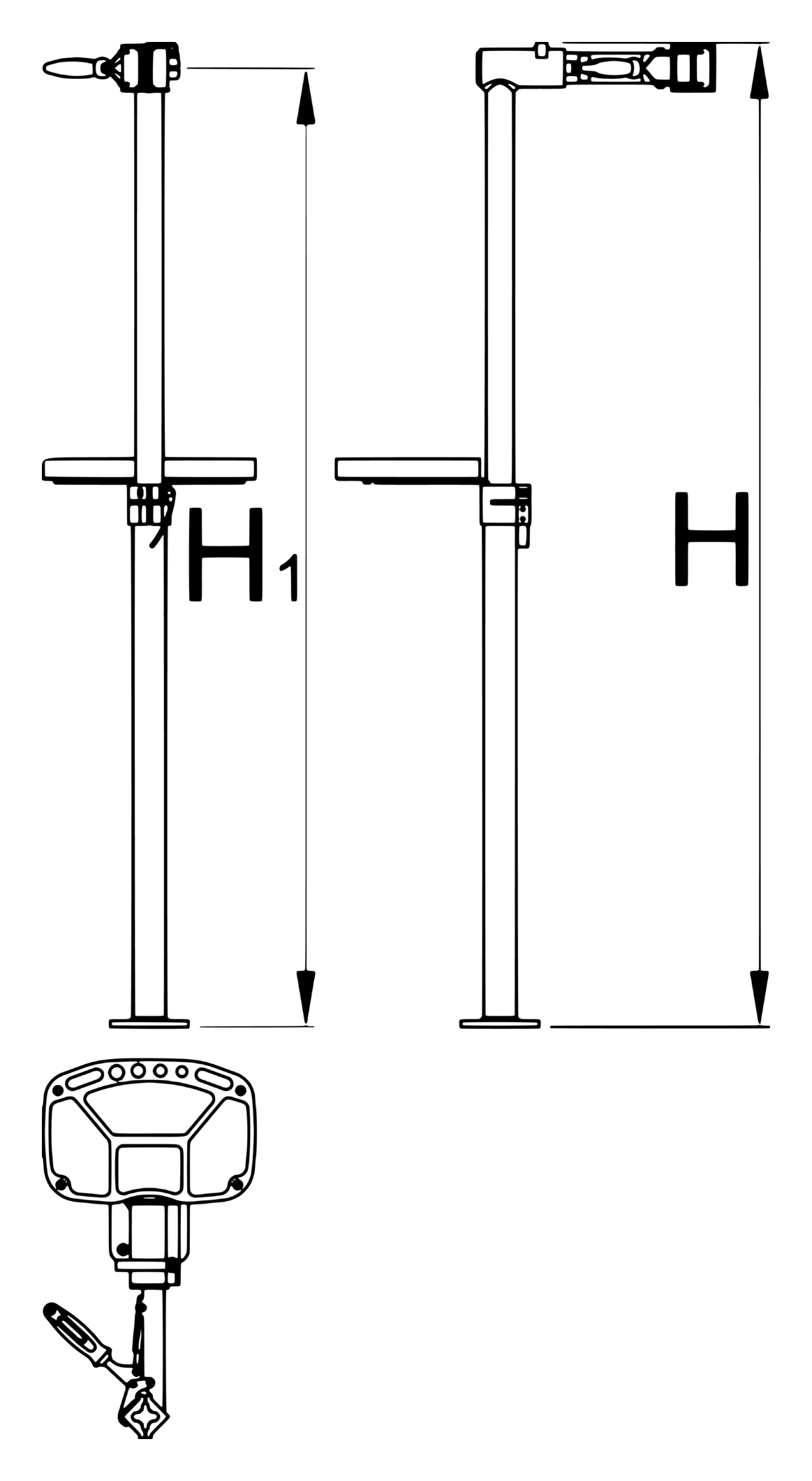 Unior 1693BS-US dimension drawing: H1 working height 985–1570 mm, H max 1700 mm, clamp inset