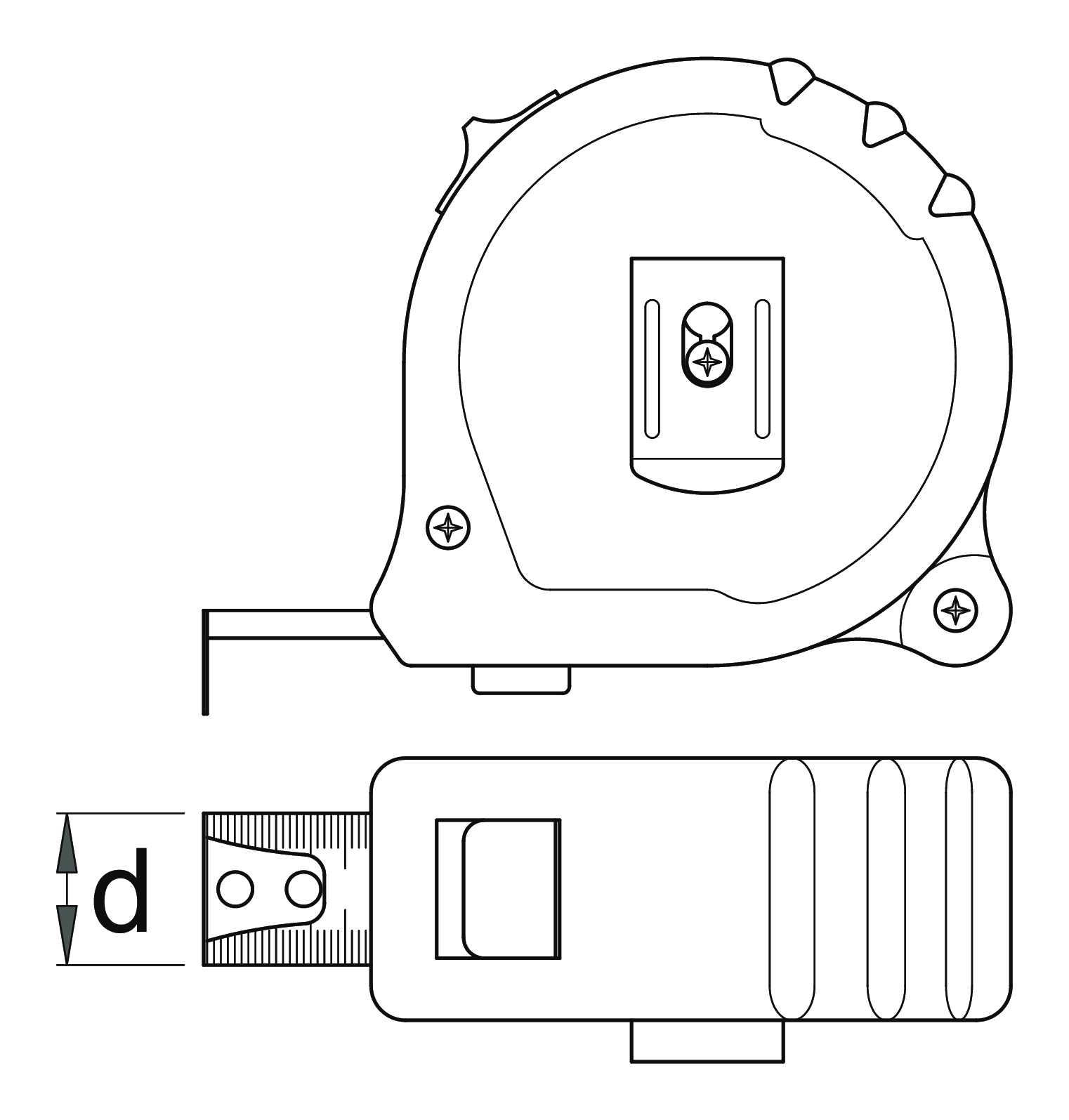 Unior 710R-US measuring tape dimension drawing with official d (tape width) callout