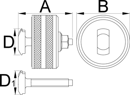 Unior 1625/2BB90 dimension drawing with A, B, D and D1 callouts: knurled bushing and T-head guide