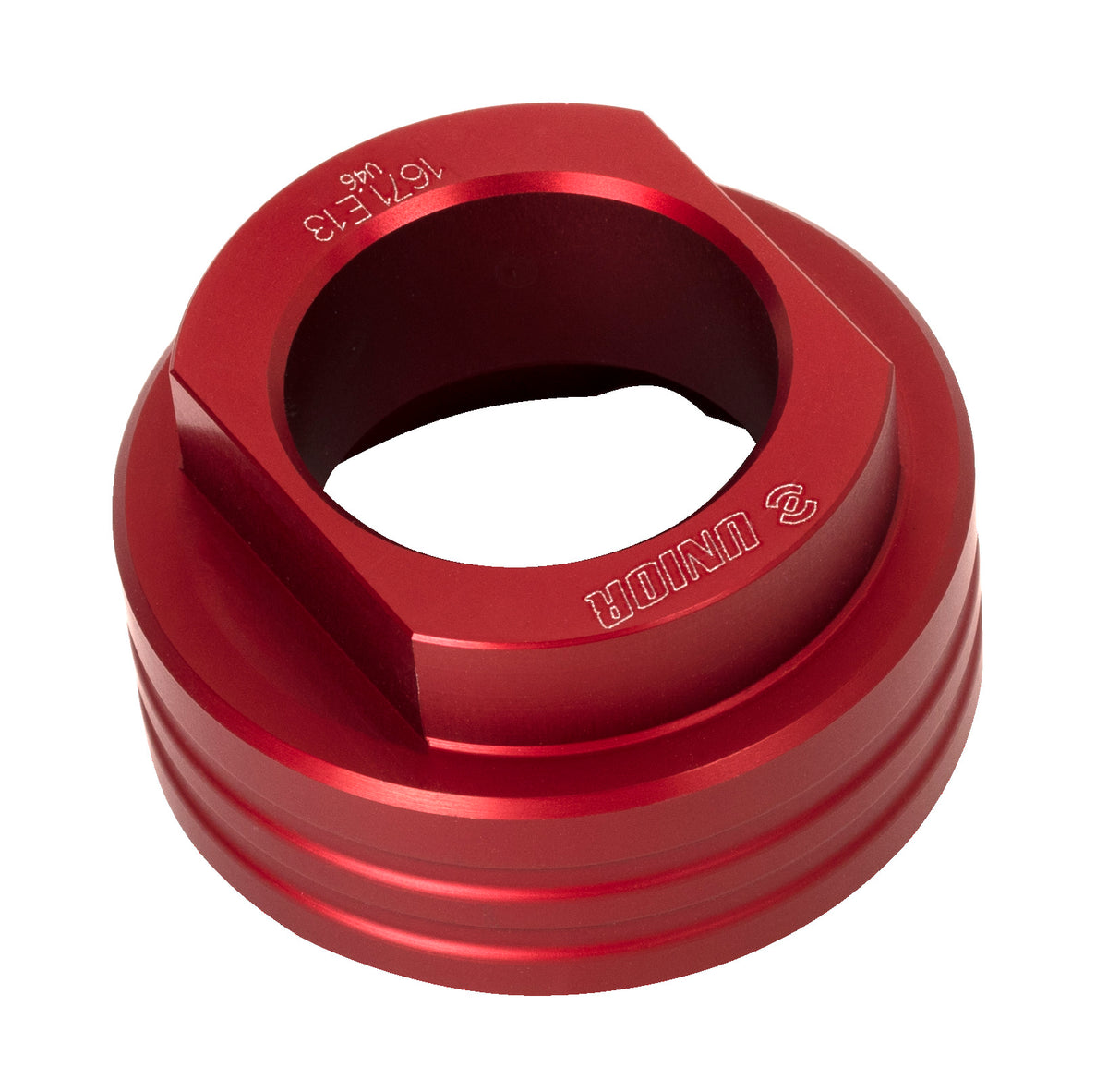 Unior 1671.E13 bottom bracket socket seen from the drive side: 36 mm hex flats and through-bore, laser-marked 1671.E13 and UNIOR, red anodized aluminum