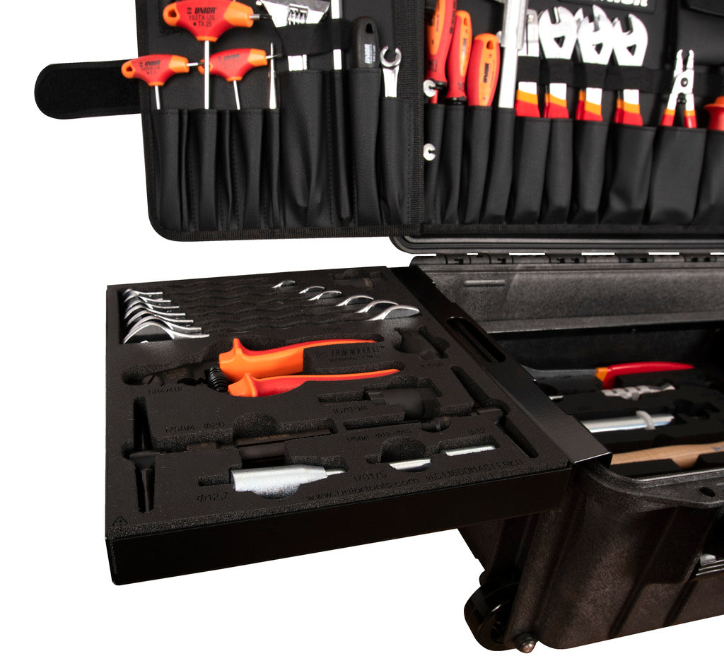 Unior Master Tool Kit 1600MASTERKIT-US left SOS foam tray, laser-engraved vl-1600MASTERKIT cutouts with US-red tools on the metal chassis