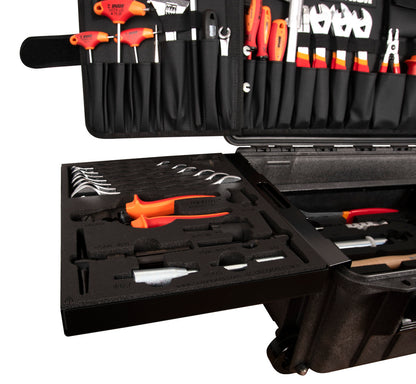 Unior Master Tool Kit 1600MASTERKIT-US left SOS foam tray, laser-engraved vl-1600MASTERKIT cutouts with US-red tools on the metal chassis
