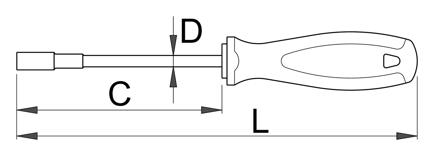 Dimension drawing of Unior 629TBI-US 5.5 mm socket wrench showing working length C, shaft diameter D, and overall length L