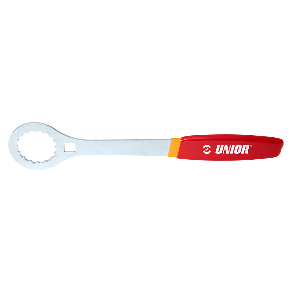 Unior disc brake rotor lockring wrench shown full length: flat steel bar with notched ring head, square hole and red handle