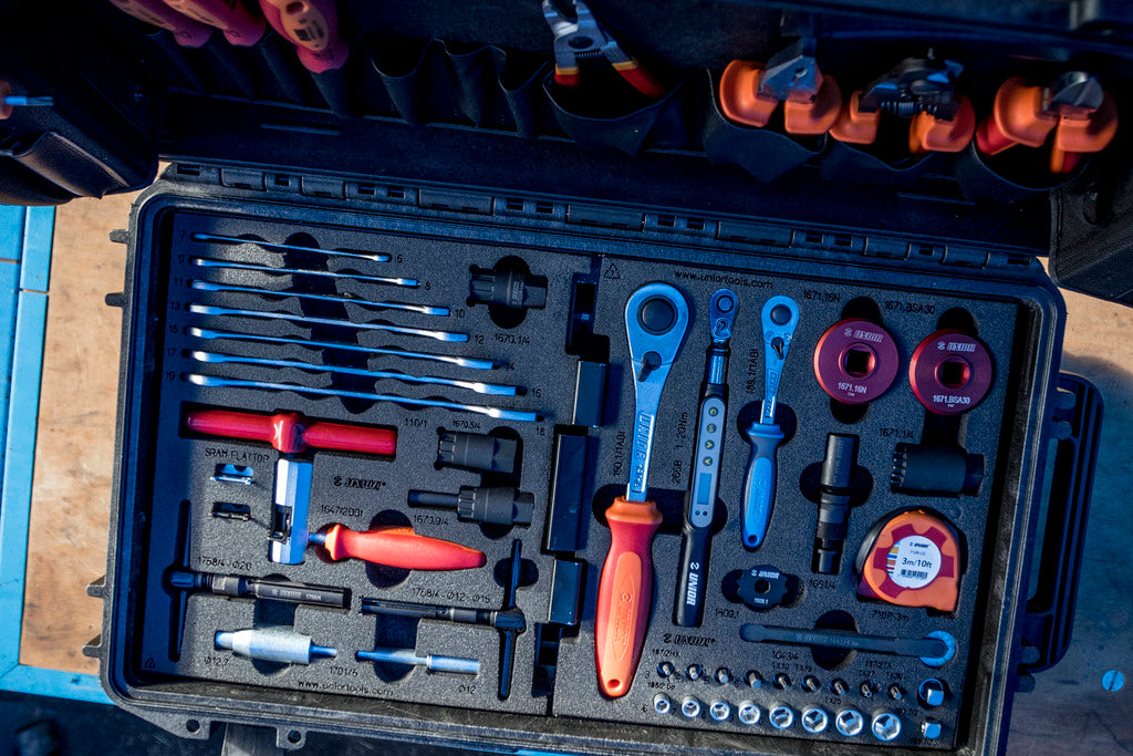 Unior Master Tool Kit 1600MASTERKIT-US right SOS foam tray from above, laser-engraved cutouts for the 266B torque wrench, BSA30 sockets, and 1/4-inch bits
