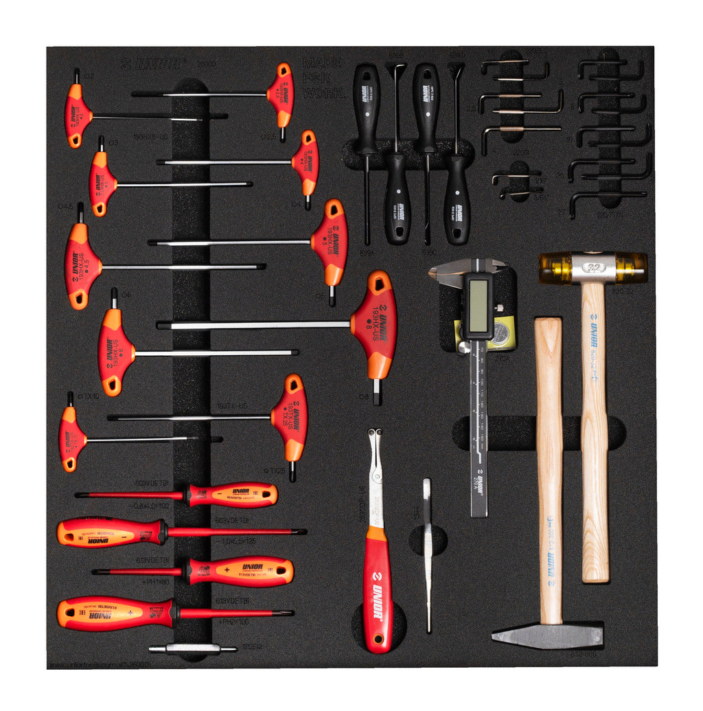 Tray 1 for Unior 2600D suspension service kit with T-handle hex wrenches, screwdrivers, calipers, and hammer in foam