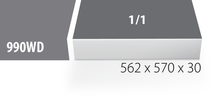 SET2-2600AC tray footprint diagram, full-width 562 x 570 x 30 mm tray for the 990WD drawer in Unior 2600A and 2600C workbenches