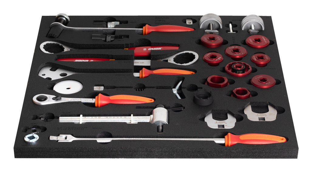 Unior SET2-2600AC BB and crank tool tray, angled view of the foam-cut tray loaded with bottom bracket sockets, crank pullers, wrenches and drive tools