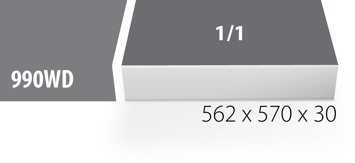 Unior SET2-2600C drawer footprint diagram: full-width 1/1 tray, 562 x 570 x 30 mm, sized for the 990WD wide bench drawer