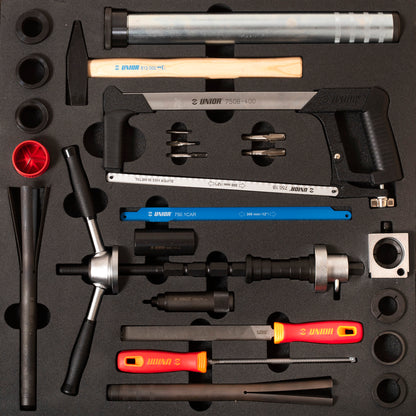 Tray 2 for Unior 2600C workbench, frame and fork tools including hacksaw, hammer, headset press, files and bit set