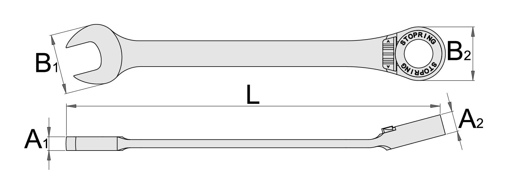 Unior 160/2 ratcheting combination wrench dimension drawing with L, B1, B2, A1 and A2 callouts and Stop ring
