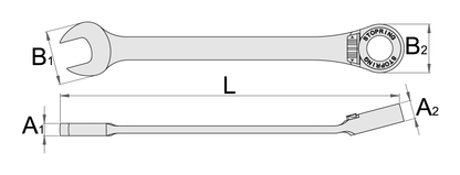 Unior 160/2 ratcheting combination wrench dimension drawing with L, B1, B2, A1 and A2 callouts and Stop ring