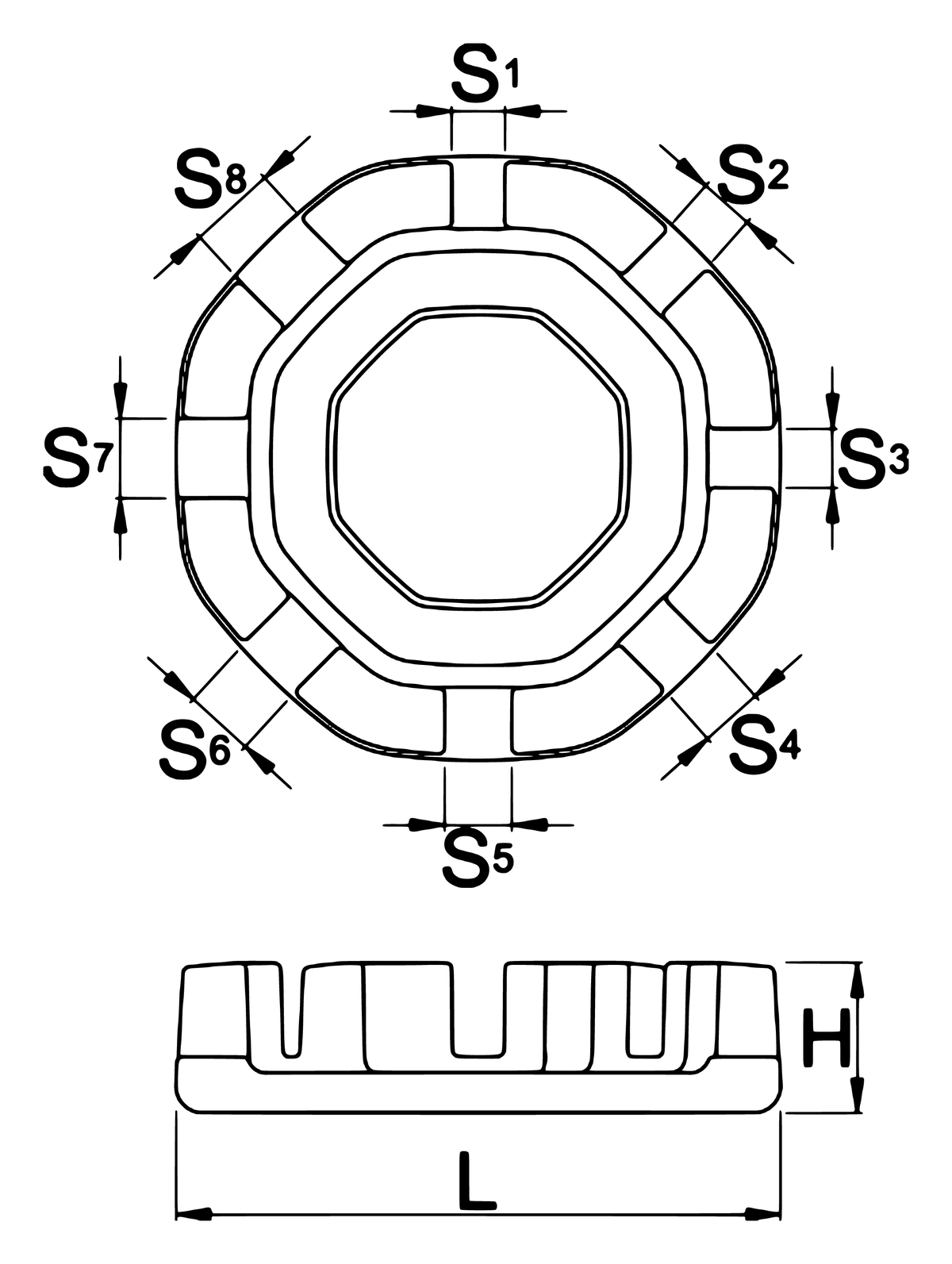 Unior 1631/5 round spoke wrench dimension drawing: top view with the eight slot widths S1 to S8, side view with length L and height H