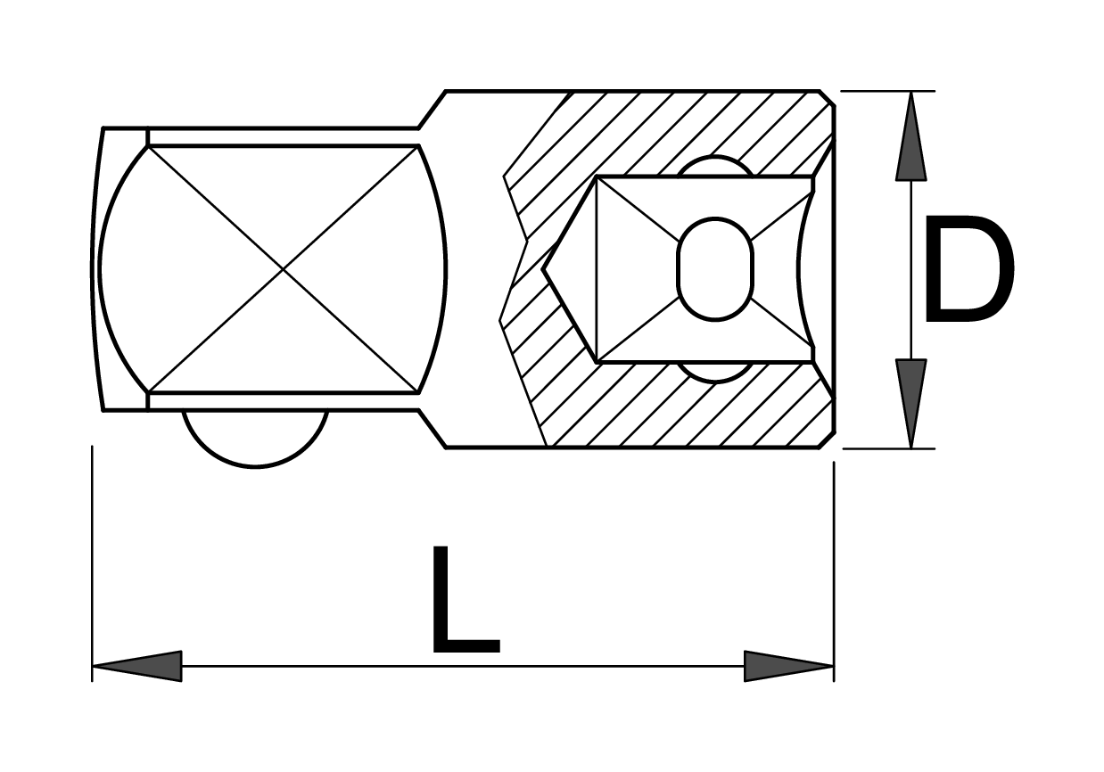Dimension drawing of the Unior 190.7/2 drive adaptor, code 603334: 1/2 inch female to 3/8 inch male square drive, 38 mm long, 23 mm body diameter