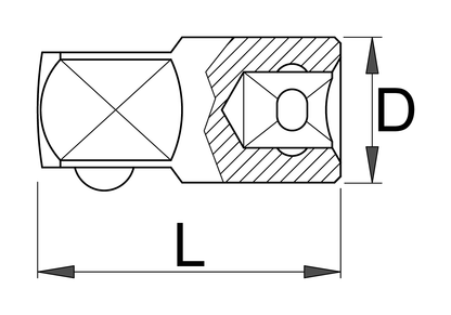 Dimension drawing of the Unior 190.7/2 drive adaptor, code 603334: 1/2 inch female to 3/8 inch male square drive, 38 mm long, 23 mm body diameter