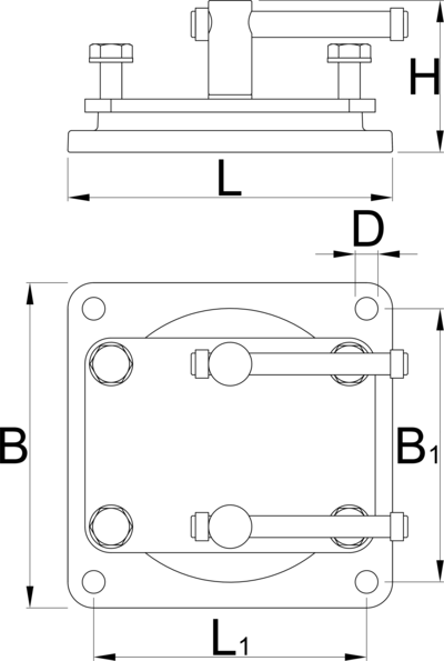 Dimension drawing of the Unior 721.1/6 swivel base, code 621483: 149.9 x 149.9 mm base plate, 126 x 126 mm bench bolt pattern, 10.5 mm holes, 70 mm height