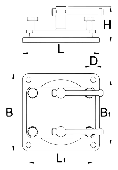 Dimension drawing of Unior swivel base 721.1/6 (150 mm size, code 621569): side and top views with L, B, H, D, B1 and L1 callouts