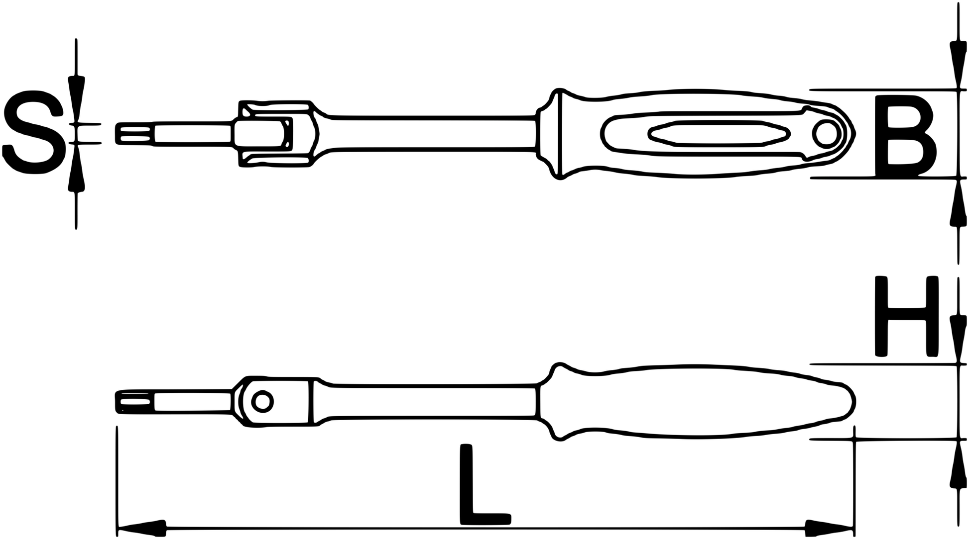 Unior Speed Pedal Wrench 1613S/1BI dimension drawing: S hex bit size, L 233 mm overall length, B 28 mm head width, H 24 mm head height