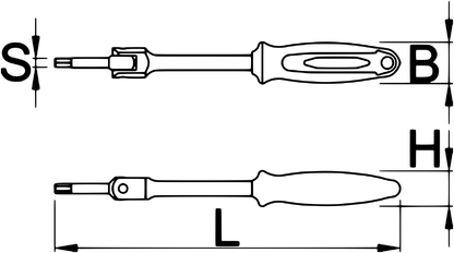 Unior Speed Pedal Wrench 1613S/1BI dimension drawing: S hex bit size, L 233 mm overall length, B 28 mm head width, H 24 mm head height