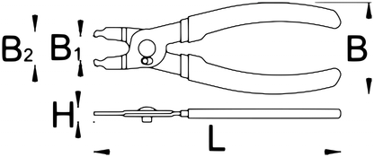 Unior 1720/4DP Master Link Pliers technical line drawing with dimension callouts: length L 160 mm, width B 56 mm, jaw width B1 13.5 mm, head width B2 34 mm, height H 21 mm