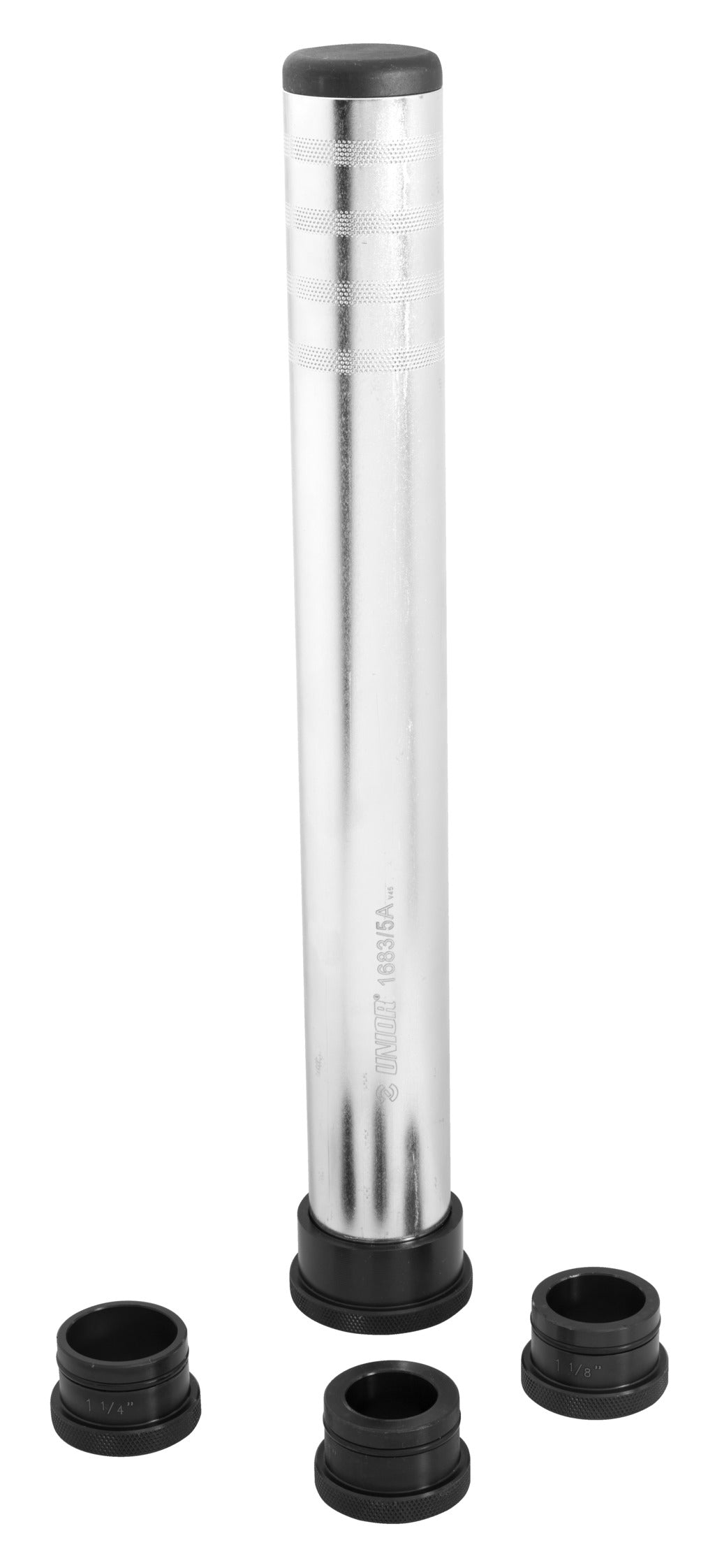 Unior 1683/5A Crown Race Setter, zinc-plated tube stamped 1683/5A with black top cap and four black crown race adapters from 1 inch to 1 1/2 inch