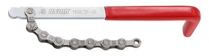 Unior Sprocket Wear Indicator 1658/2P-US, chrome-plated steel bar with calibrated chain segment and red dipped handle