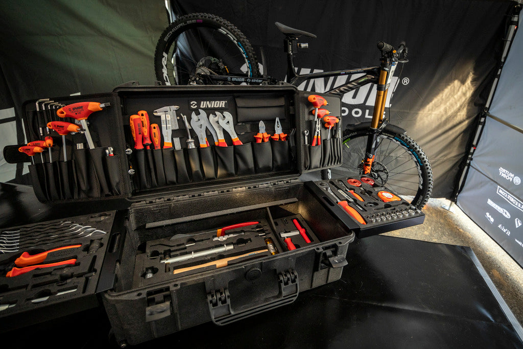 Master Tool Kit 2.0 open in a race tent, lid pockets and side tray deployed - 1600MASTERKIT