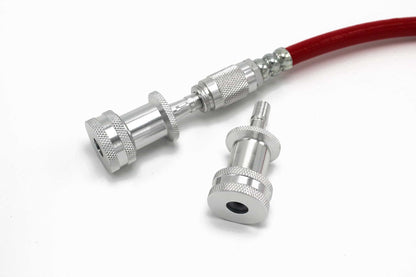 Prestacycle EZ-Grip Big Presta Head twin knurled aluminium chucks on a red braided floor-pump hose for Presta valves