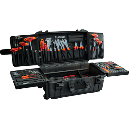 Unior Master Tool Kit 1600MASTERKIT-US case open on white background, professional 94-piece bicycle workshop kit on wheeled case