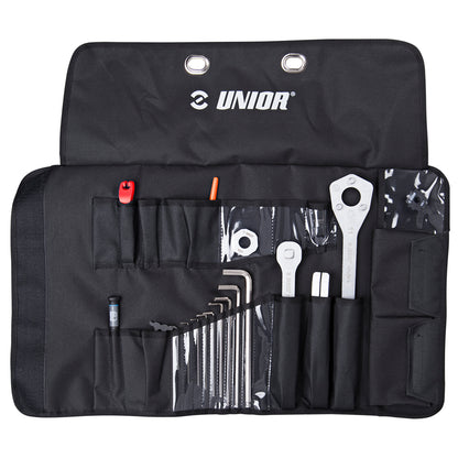 Unior Pro Tool Wrap Kit 1600WRAP-P-US open showing hex keys, cone wrench, tire levers and bicycle tools in fabric pockets