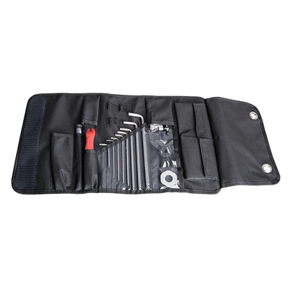 Tool Wrap Kit 1600WRAP-US unrolled: eight long ball-end hex wrenches, 1631/2 spoke wrench, mini chain tool and 1609.1 crank cap tool in a black PU wrap with a clear vinyl window and aluminum headrest eyelets