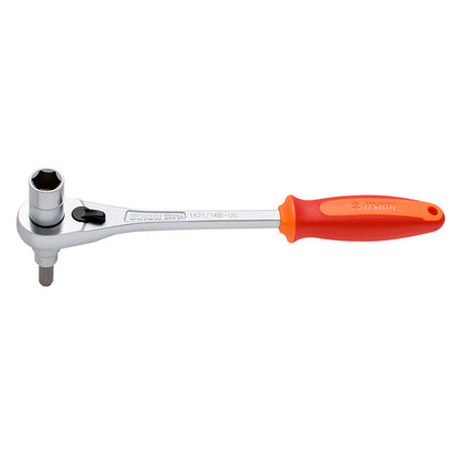 Unior Ratchet Wrench 1621/1ABI-US with orange and red bicycle-tool handle, square drive socket and hex bit on rotating head